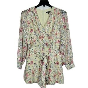 Express Floral Chiffon Romper Sz Medium Long Sleeve V-Neck Floral Pink Cream (E)